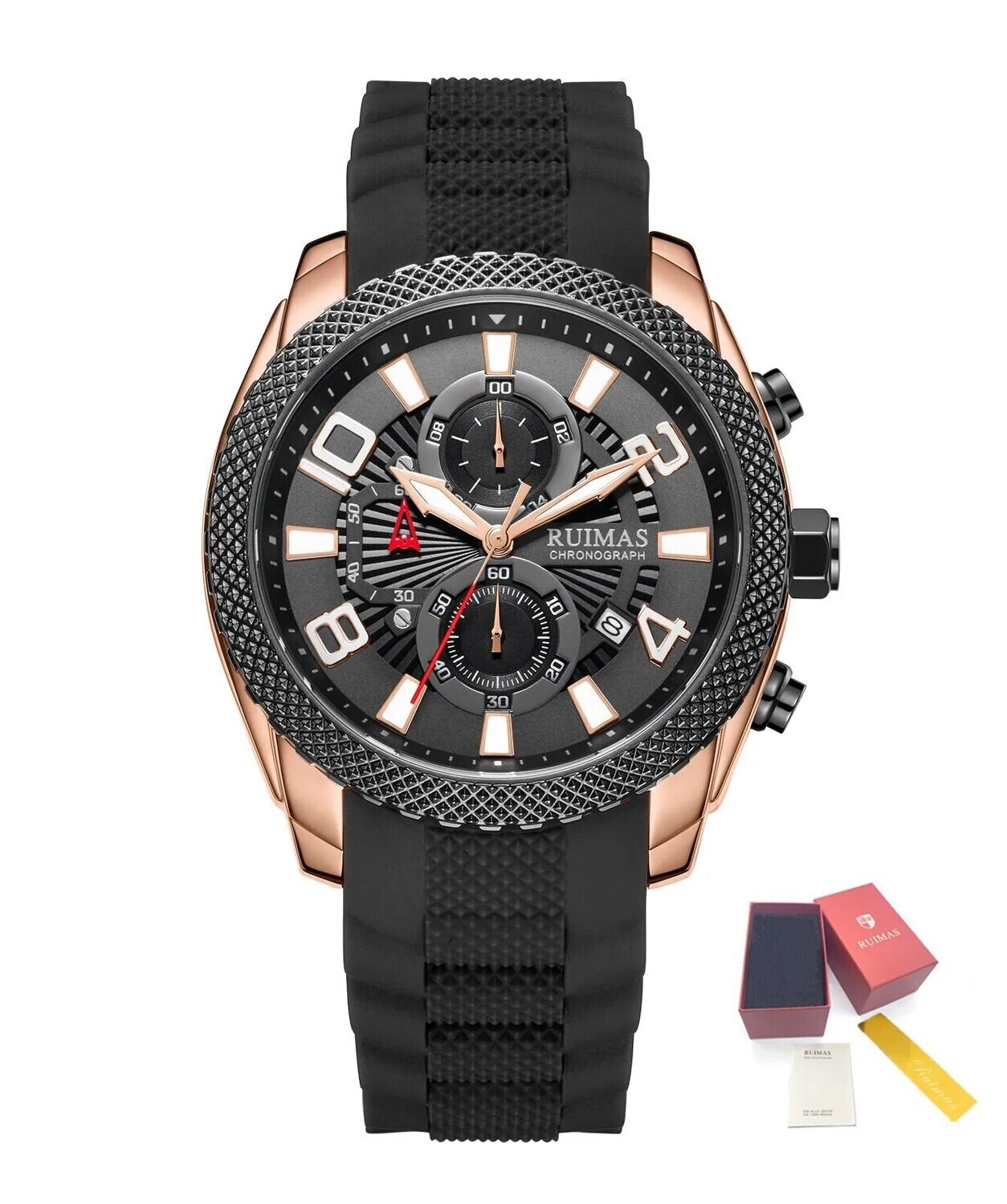 RUIMAS Fashion Watches for Men Luxury Large Dial Quartz Sports Chronograph Clock Luminous Date Casual WristWatch Reloj Hombre, Color: Rose Black
