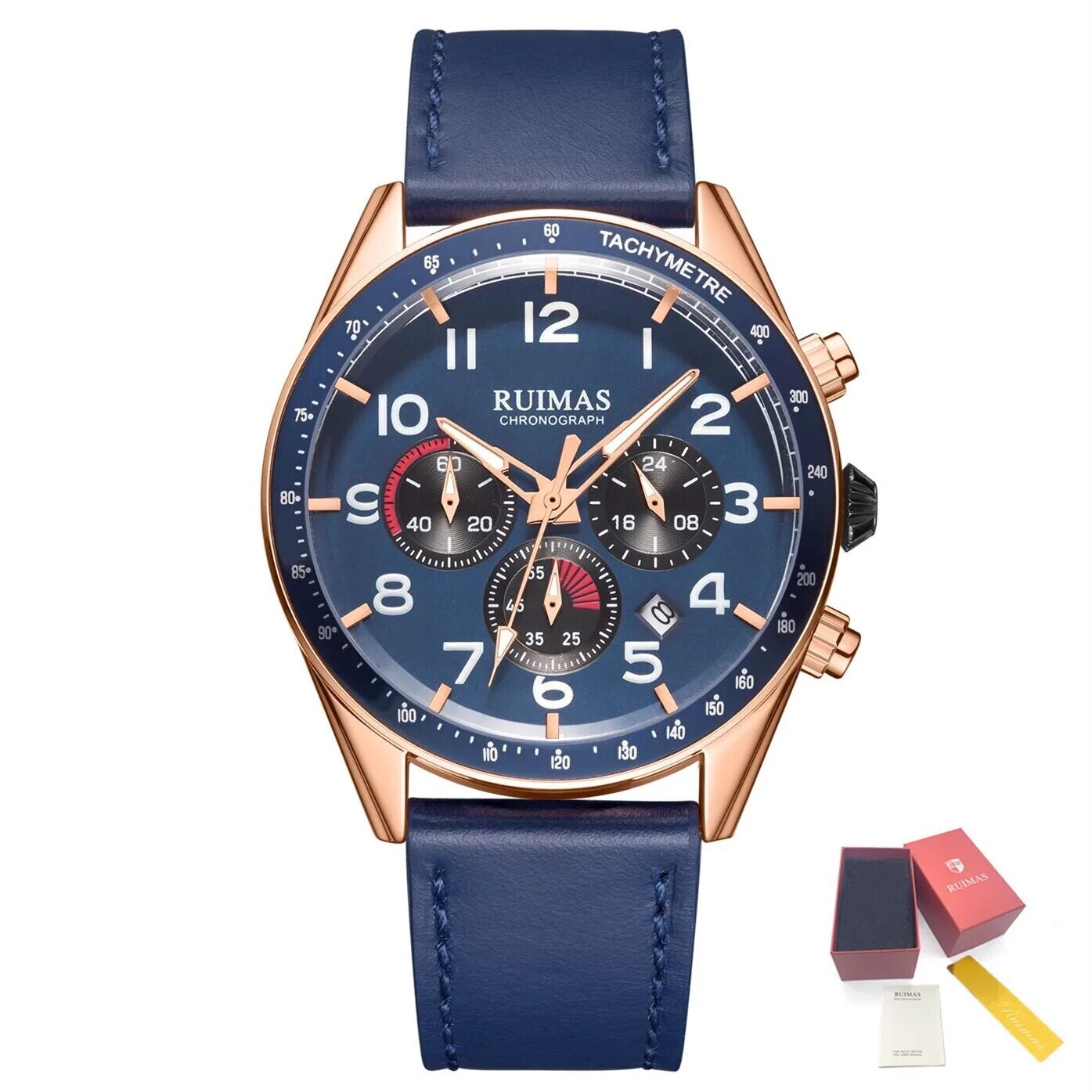 RUIMAS Luxury Brand Chronograph Watches for Men Fashion Leather Sports Military Wristwatch Luminous Clock Auto Date Reloj Hombre, Color: Rose Blue