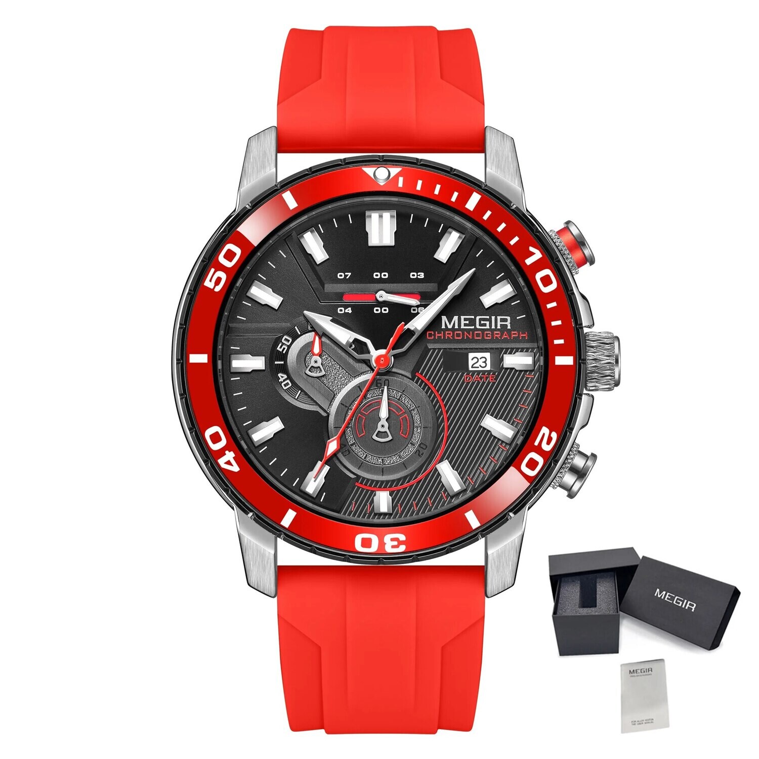 MEGIR Luxury Military Watches for Men Fashion Sport Quartz Wristwatch Waterproof Silicone Band Male Clock Chronograph with Date, Color: Silver Red