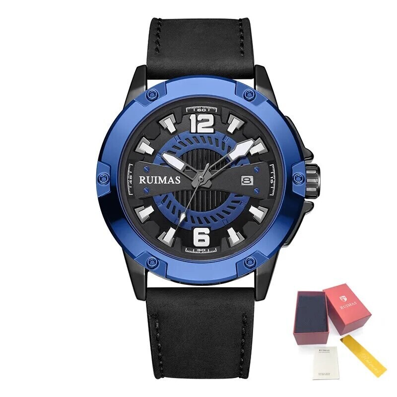 RUIMAS Luxury Men Watches Leather Strap Sport Casual Wristwatches Waterproof Luminous Date Clock Big Dial Montre Homme, Color: Blue Black