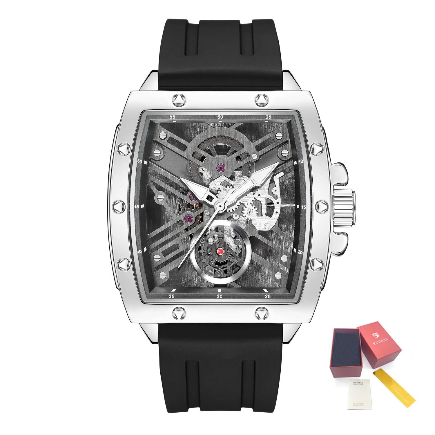 RUIMAS Luxury Fashion Men Sports Quartz Wrist Watches Waterproof Luminous Large Dial Casual Wristwatch Silicone Montre Homme, Color: Silver Black