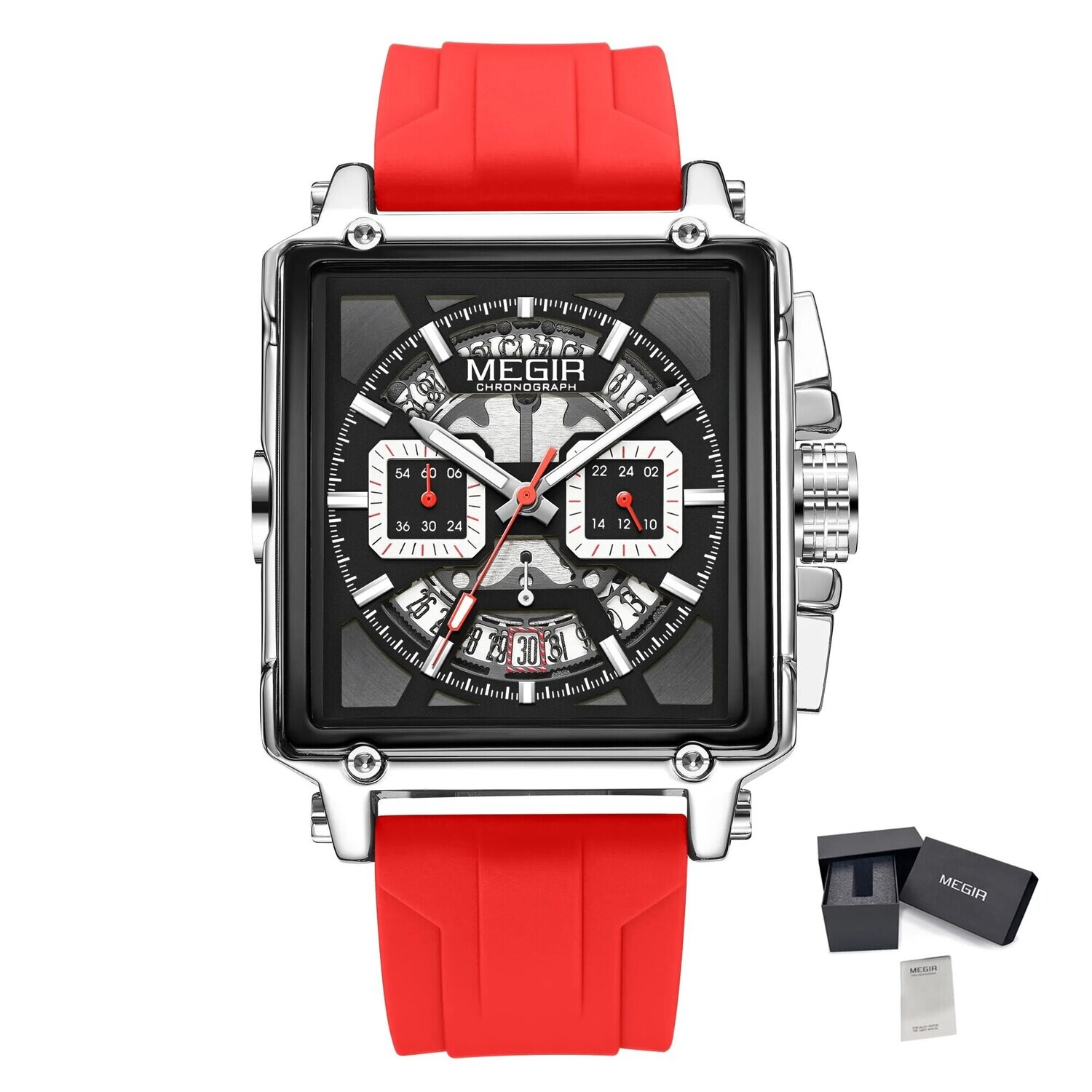MEGIR Top Brand Men Watches Fashion Sport Military Chronograph Luminous Square Silicone Band Quartz Wristwatch Relogio Masculino, Color: Red