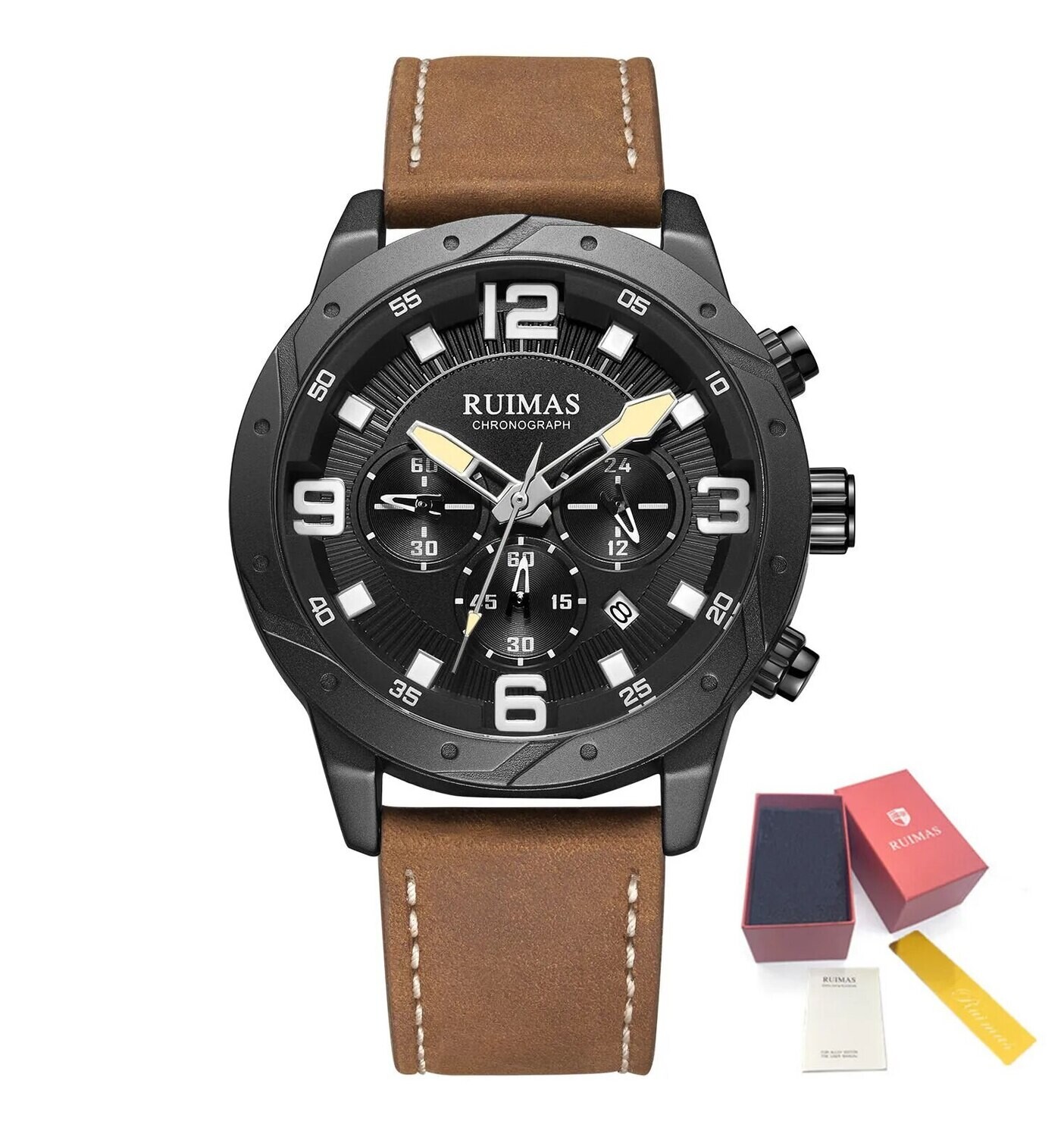 RUIMAS Relogio Masculino Fashion Men Quartz Watch Leather Sport Military Wristwatch Waterproof Clock with Auto Date, Color: Black Brown