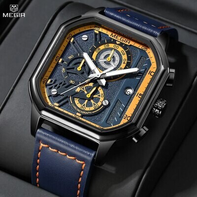 MEGIR Fashion Men's Squre Sport Watch Quartz Chronograph Luminous Military WristWatches Leather Luminous Date Clock Reloj Hombre