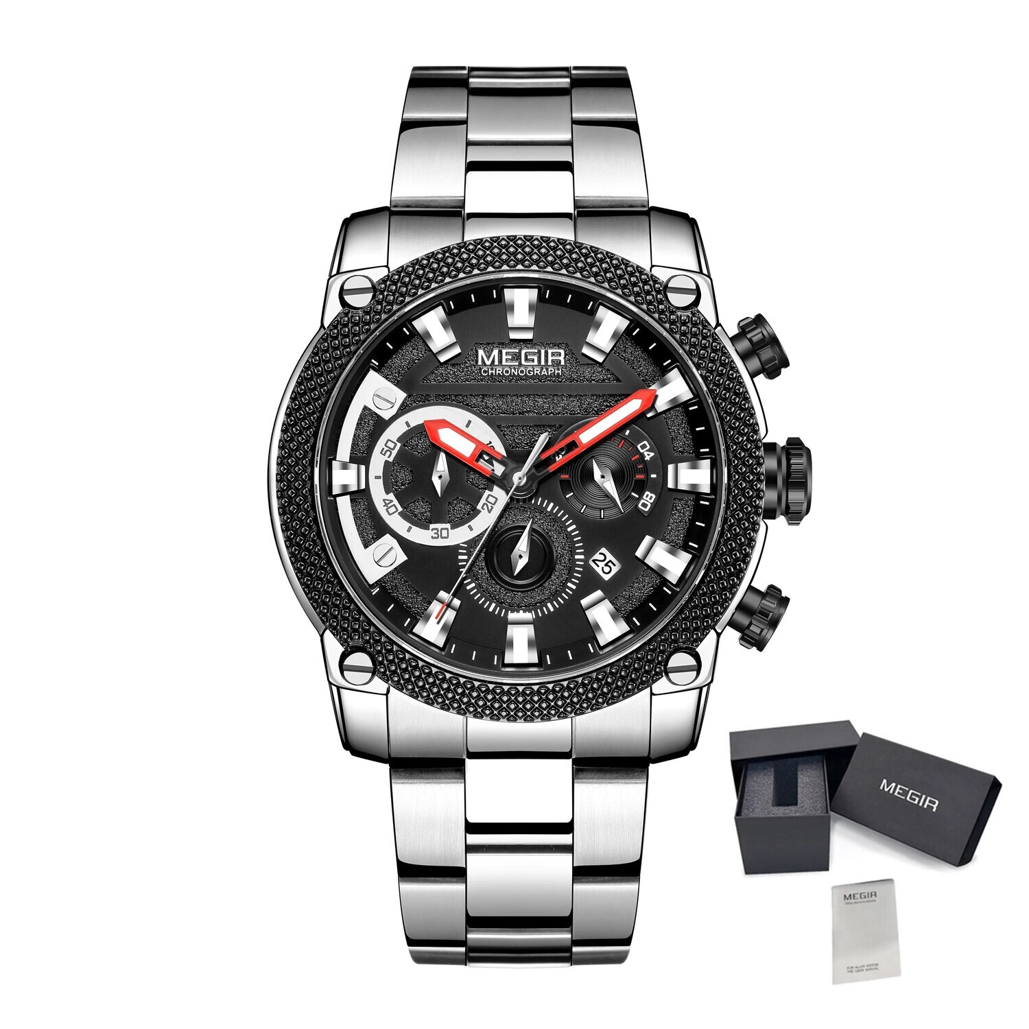 MEGIR Mens Watches Top Brand Luxury Business Wristwatch Waterproof Calendar Quartz Casual Clock Stainless Steel Man Chronograph, Color: Silver