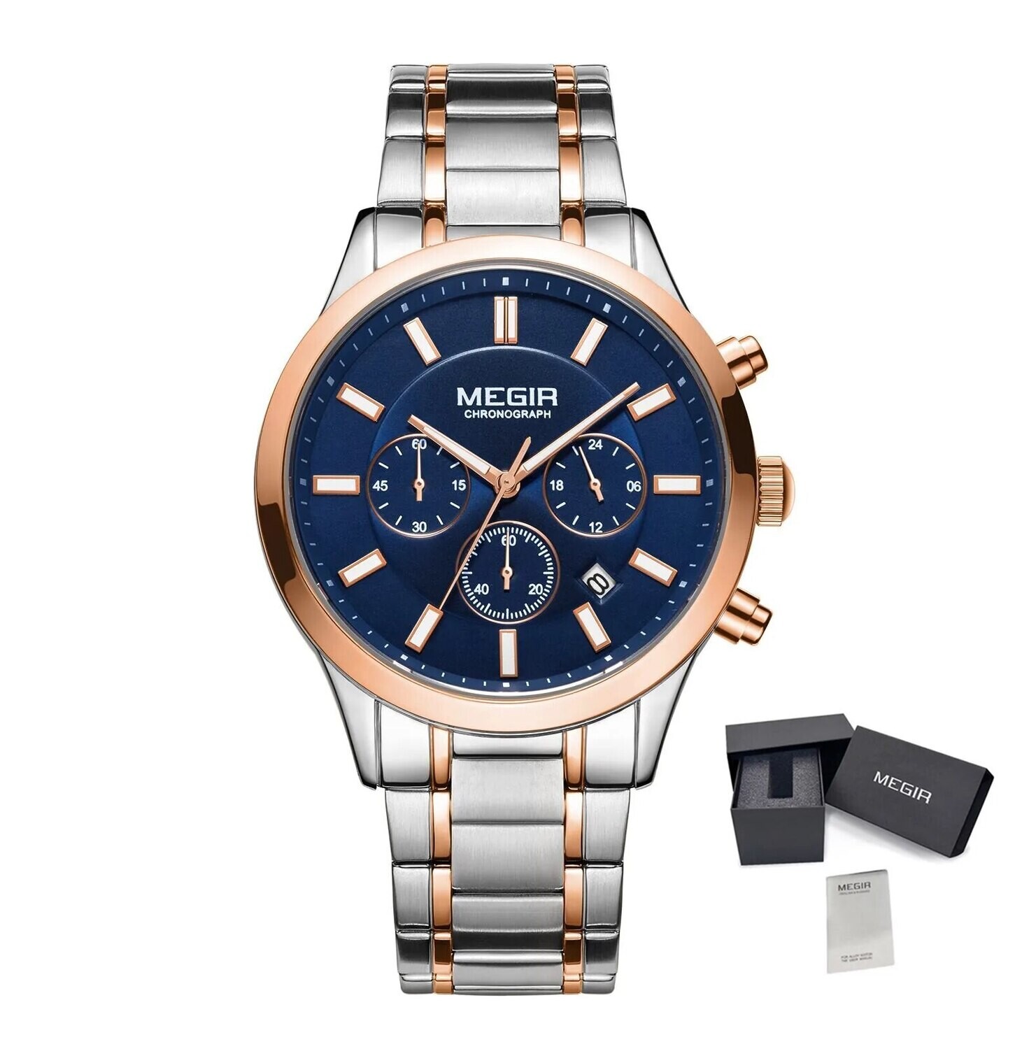 MEGIR Stainless Steel Waterproof Wrist Watches for Men Luminous Chronograph Business Quartz Men&#39;s Casual Clock Reloj Hombre, Color: Rose blue