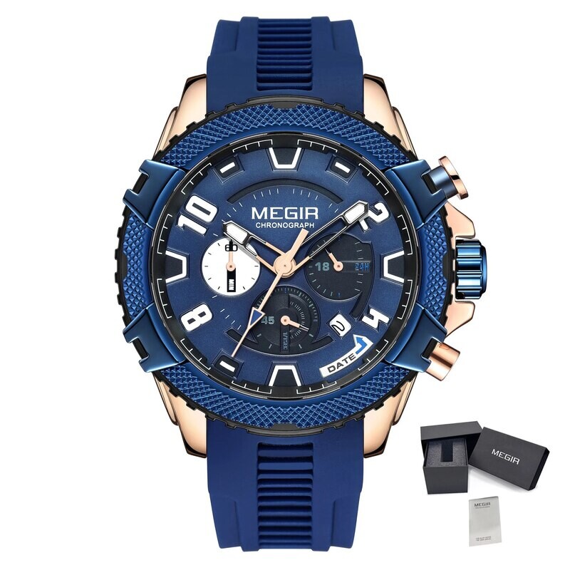 MEGIR Luxury Men&#39;s Watches Fashion Sport Quartz Watch Waterproof Date Chronograph Military Wristwatches Clock Reloj Hombre 2200, Color: Rose Blue
