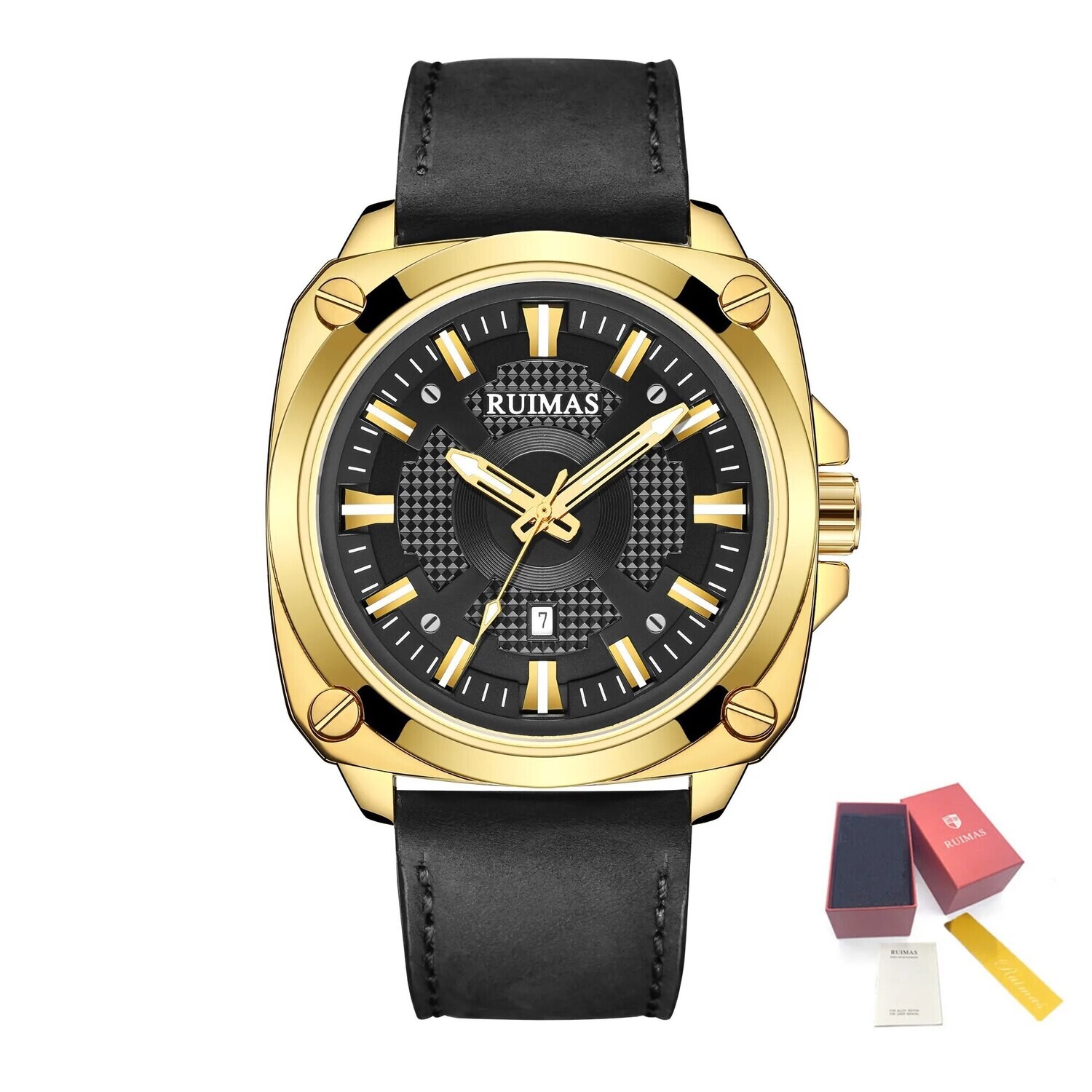 RUIMAS Top Brand Fashion Sports Quartz Wrist Watches for Men Waterproof Luminous Leather Band Relogio Masculino with Auto Date, Color: Gold Black