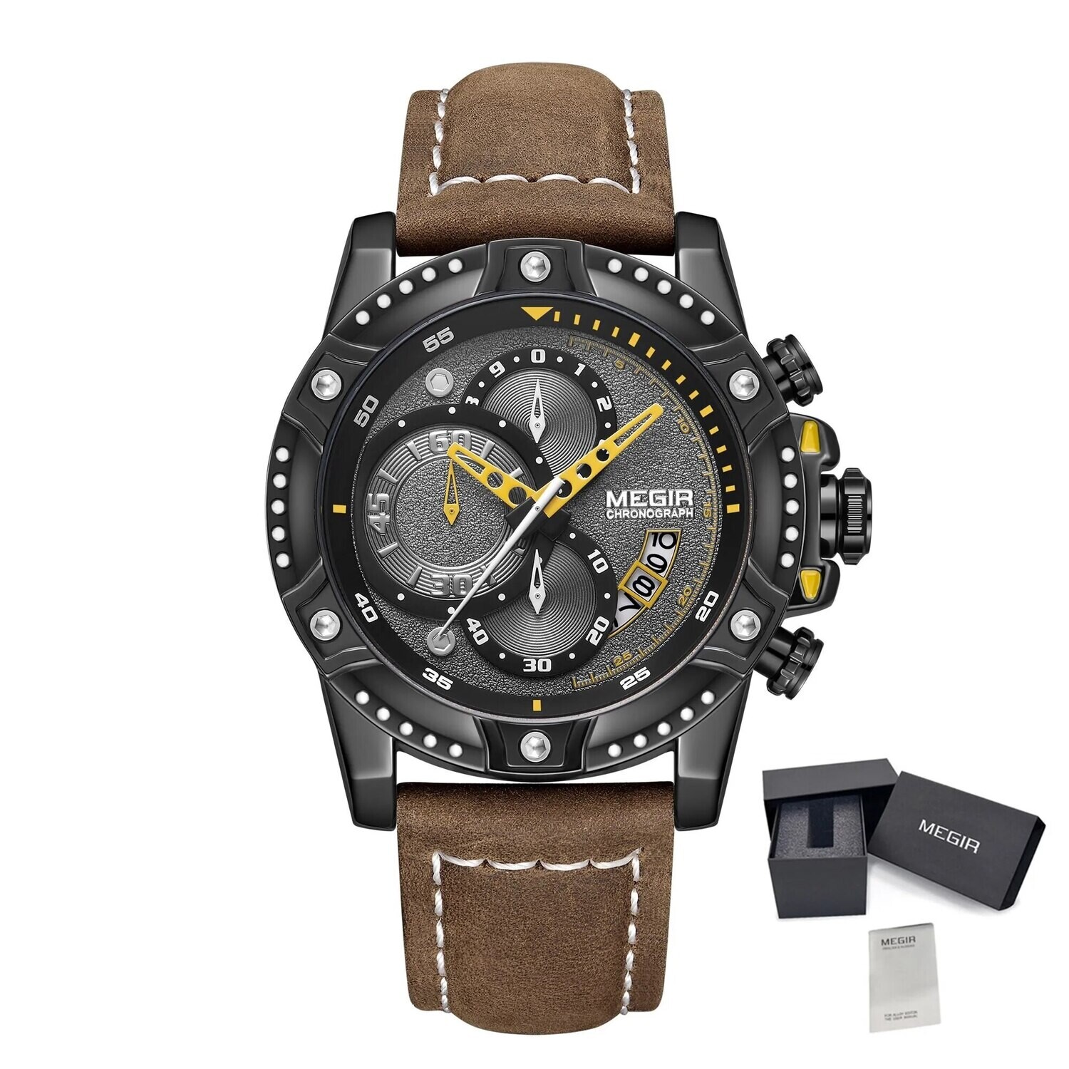 MEGIR Men Watches Luxury Brand Quartz Wristwatch Waterproof Leather Military Sport Watch Casual Clock Chronograph Reloj Hombre, Color: Black Brown