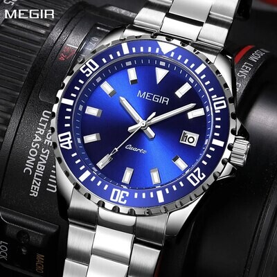 MEGIR Fashion Men Watches Top Luxury Stainless Steel Quartz Wristwatch Calendar Luminous Clock Large Dial Relogio Masculino