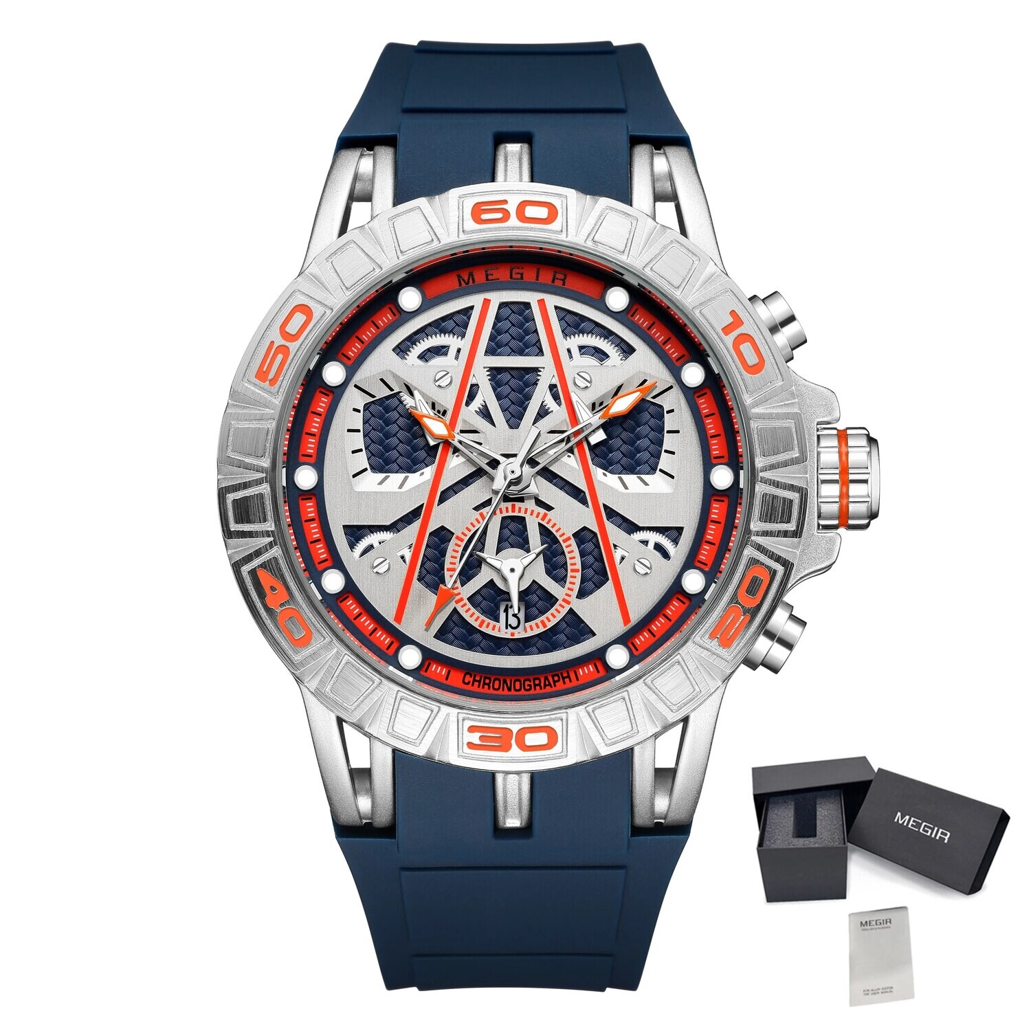 MEGIR Fashion Sports Watch for Men Silicone Strap Chronograph Wristwatch Waterproof Man Military Quartz Reloj Hombre with Date, Color: Silver Blue