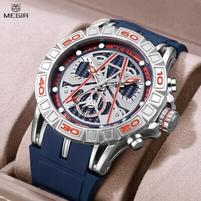 MEGIR Fashion Sports Watch for Men Silicone Strap Chronograph Wristwatch Waterproof Man Military Quartz Reloj Hombre with Date