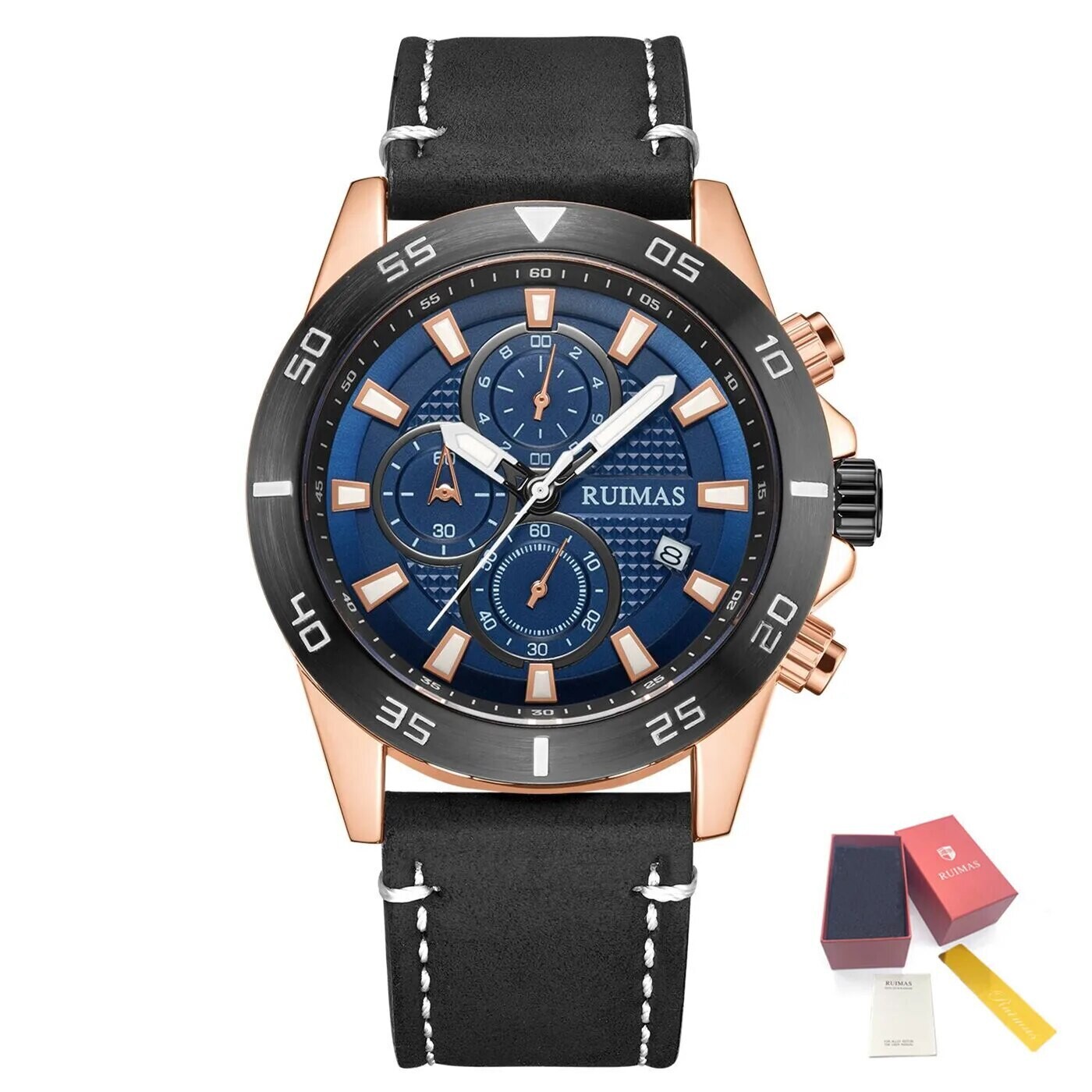 RUIMAS Luxury Brand Mens Watches Quartz Leather Strap Wristwatch Waterproof Clock Sports Large Dial Watch Auto Date Montre Homme, Color: Rose Black