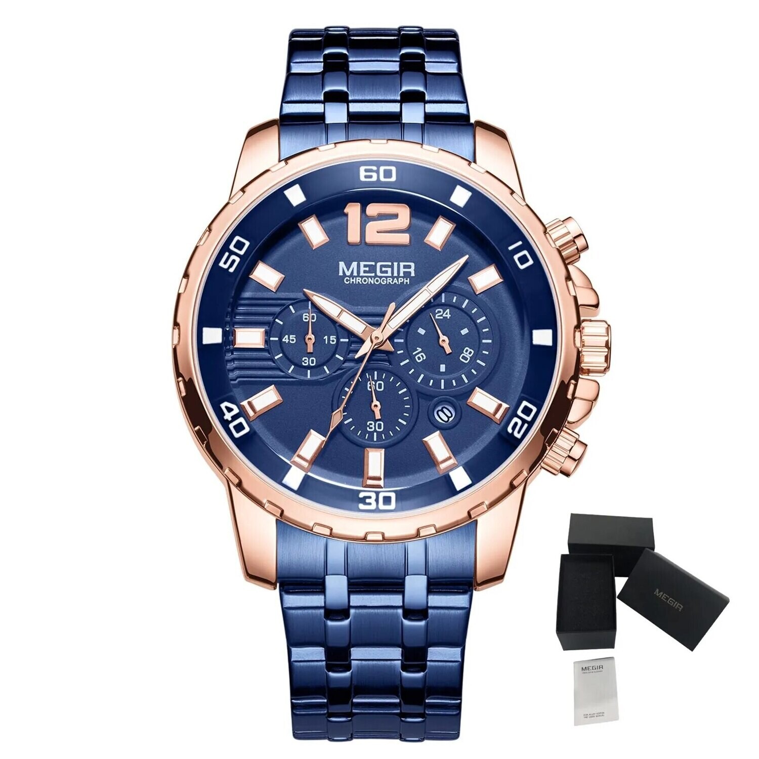MEGIR Chronograph Quartz Men Watch Top Brand Luxury Military Wrist Watches Clock Men Relogio Masculino Business Wristwatch, Color: Rose blue