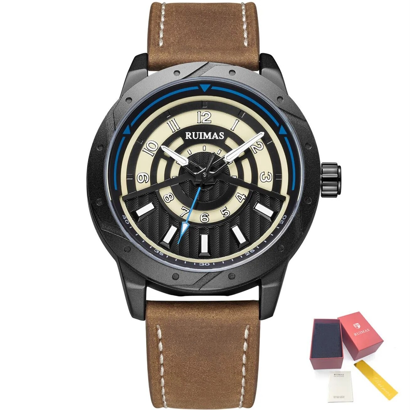 RUIMAS Men Wristwatch Luxury Leather Sports Military Wrist Watches Waterproof Large Dial Casual Quartz Clock Relogio Masculino, Color: Black Brown