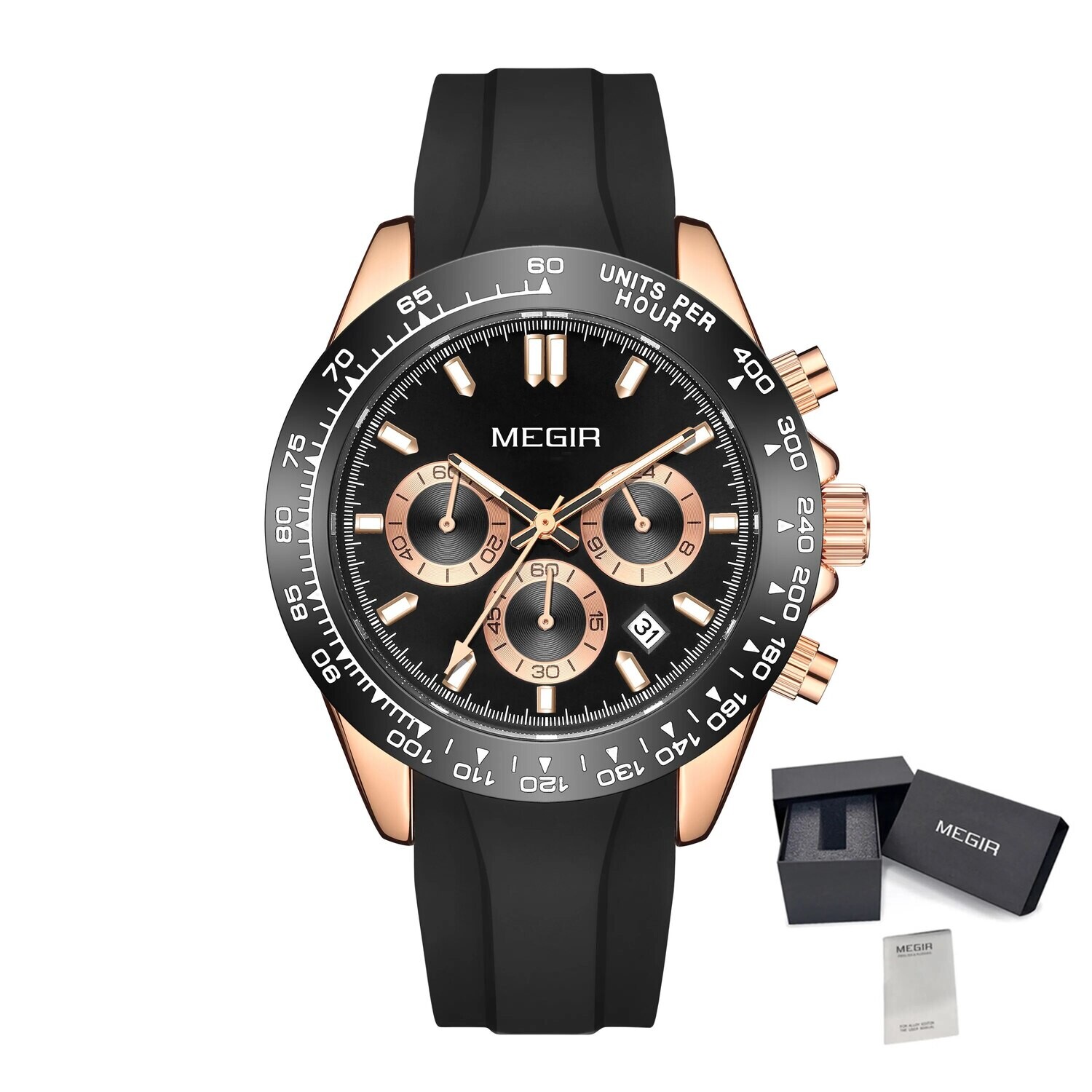MEGIR Sports Mens Watches Top Brand Men Luxury Military Quartz Watch Silicone Luminous Chronograph Man Clock Wrist Watch 8104, Color: Rose Black