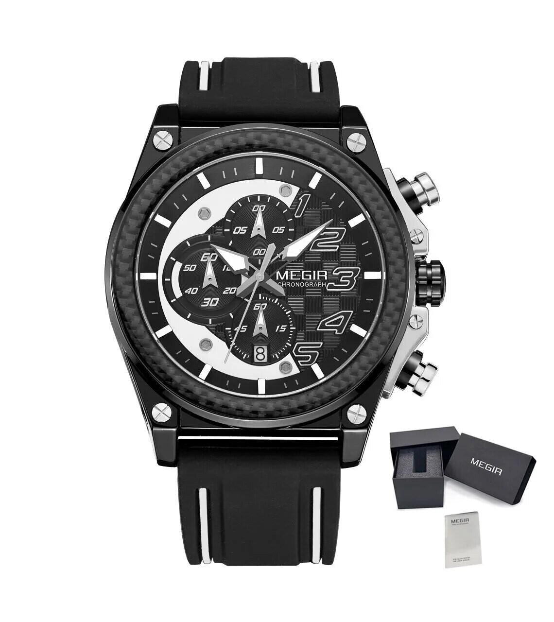 MEGIR Chronograph Sport Watch Men Silicone Military Wrist Watches Waterproof Date Clock Top Brand Quartz Watch Reloj Hombre 2051, Color: Silver
