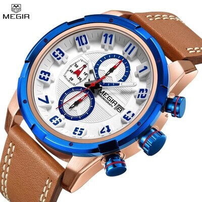 MEGIR Chronograph Sport Watch Men Clock Leather Quartz Men Wrist Watches Time Hour Army Military Wristwatches Relogio Masculino