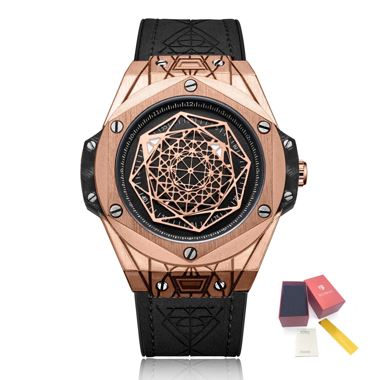 RUIMAS Fashion Sports Quartz Watches Mens Leather Band Casual Wrist Watch Big Dial Waterproof Clock Relogio Masculino Wristwatch, Color: Rose Black