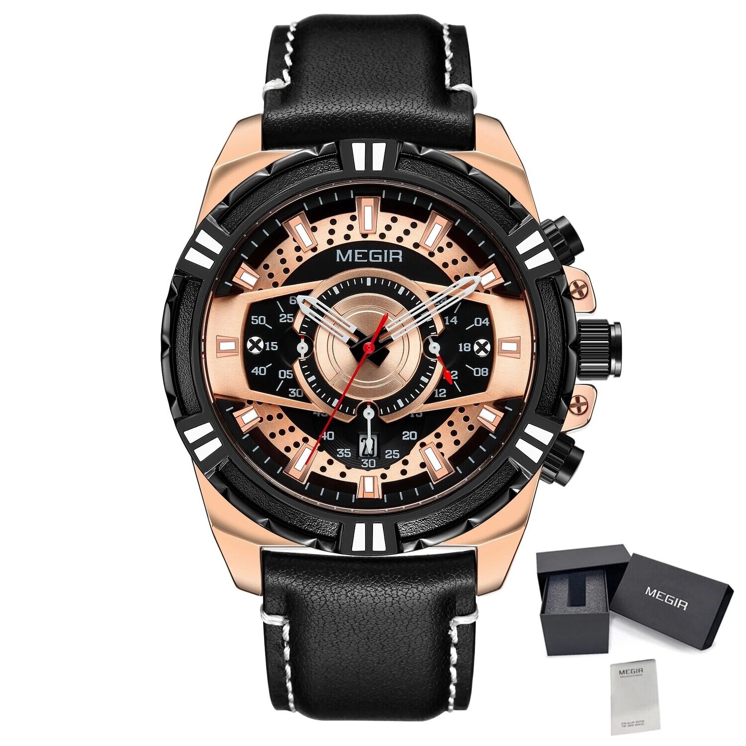 MEGIR Luxury Casual Watches for Men Fashion Leather Sports Military Wristwatch Calendar Luminous Quartz Man Clock Montre Homme, Color: Rose Black