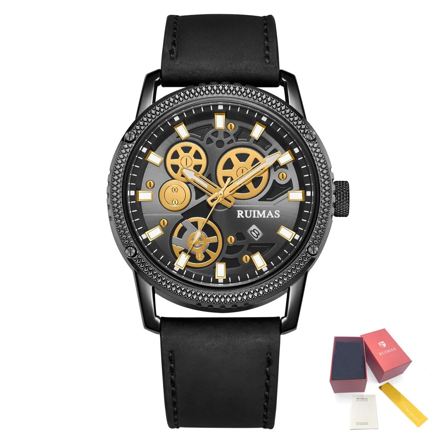 RUIMAS Relogio Masculino Luxury Leather Band Quartz Wristwatch Men Big Dial Moda Watches Waterproof Sport Military Reloj Hombre, Color: Gold Black