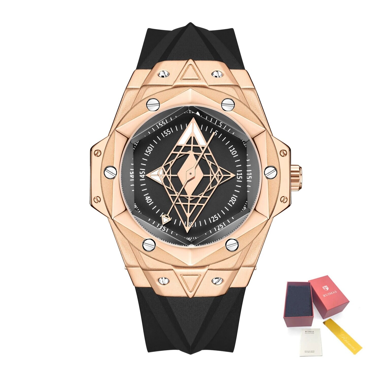 RUIMAS Brand Watches for Men Luxury Quartz Movement Sport Casual Wristwatches Unique Design Waterproof Clock Relogio Masculino, Color: Rose