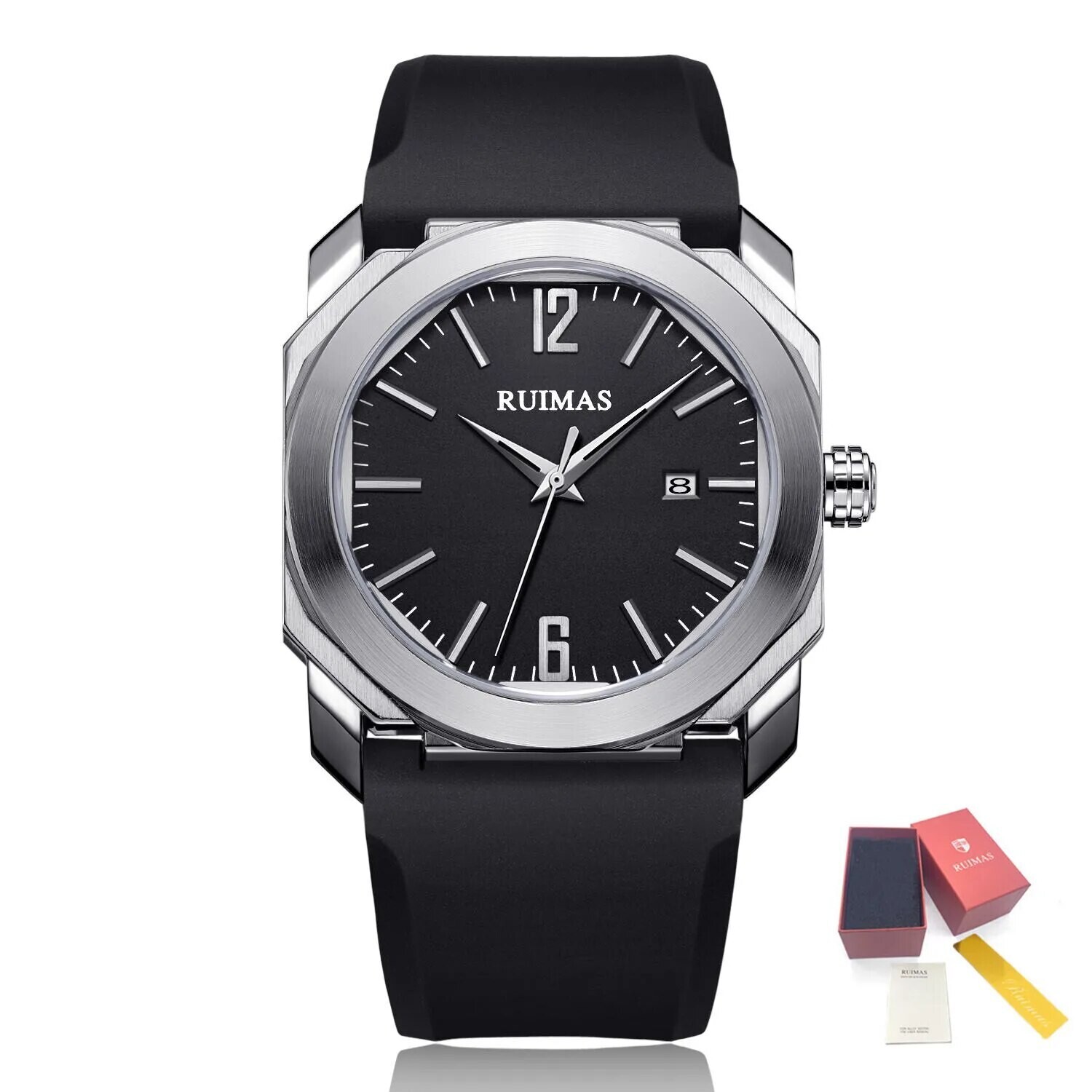 RUIMAS Luxury Silicone Band Quartz Sport Watches for Men Waterproof Calendar Casual Large Dial Wristwatch Clock Montre Homme, Color: Silver Black