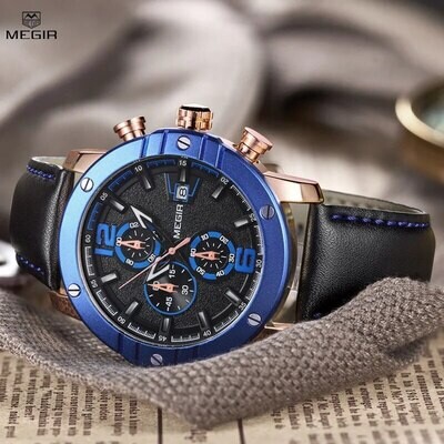 MEGIR Fashion Men's Quartz Watch Top Brand Luxury Business Casual Wristwatch Leather Strap Military Sports Watch Male Clock 2046