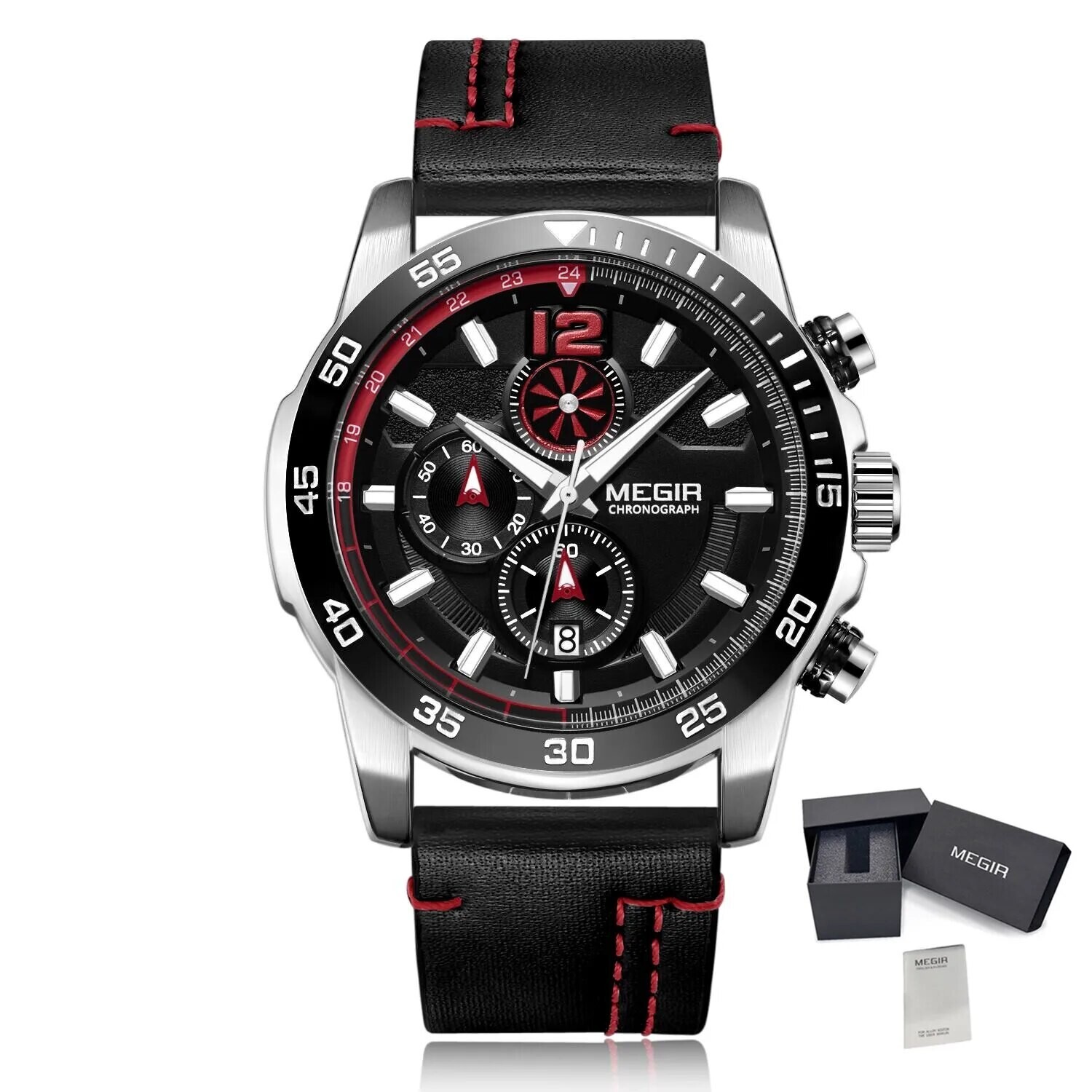 MEGIR Black Luxury Men&#39;s Wrist Watch Man Leather Strap Waterproof Chronograph Sports Men Watches Clock Hour Quartz Wristwatches, Color: Silver Black