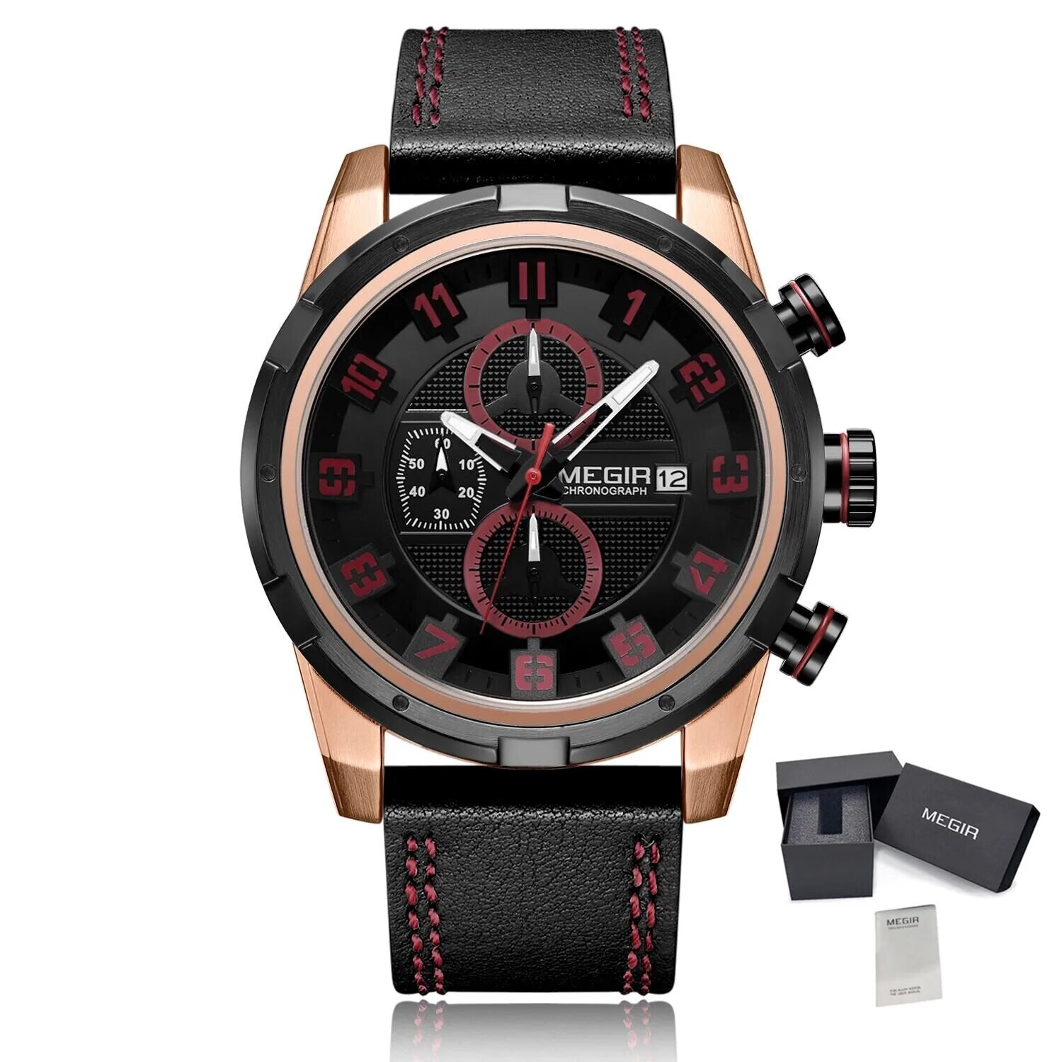 MEGIR Chronograph Sport Watch Men Clock Leather Quartz Men Wrist Watches Time Hour Army Military Wristwatches Relogio Masculino, Color: Rose Black