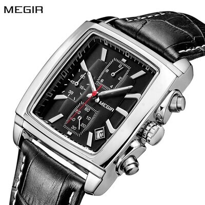 MEGIR Men Wristwatch Casual Top Brand Military Watches Rectangle Quartz Chronograph Leather Man Watch 2028 Relogio Masculino