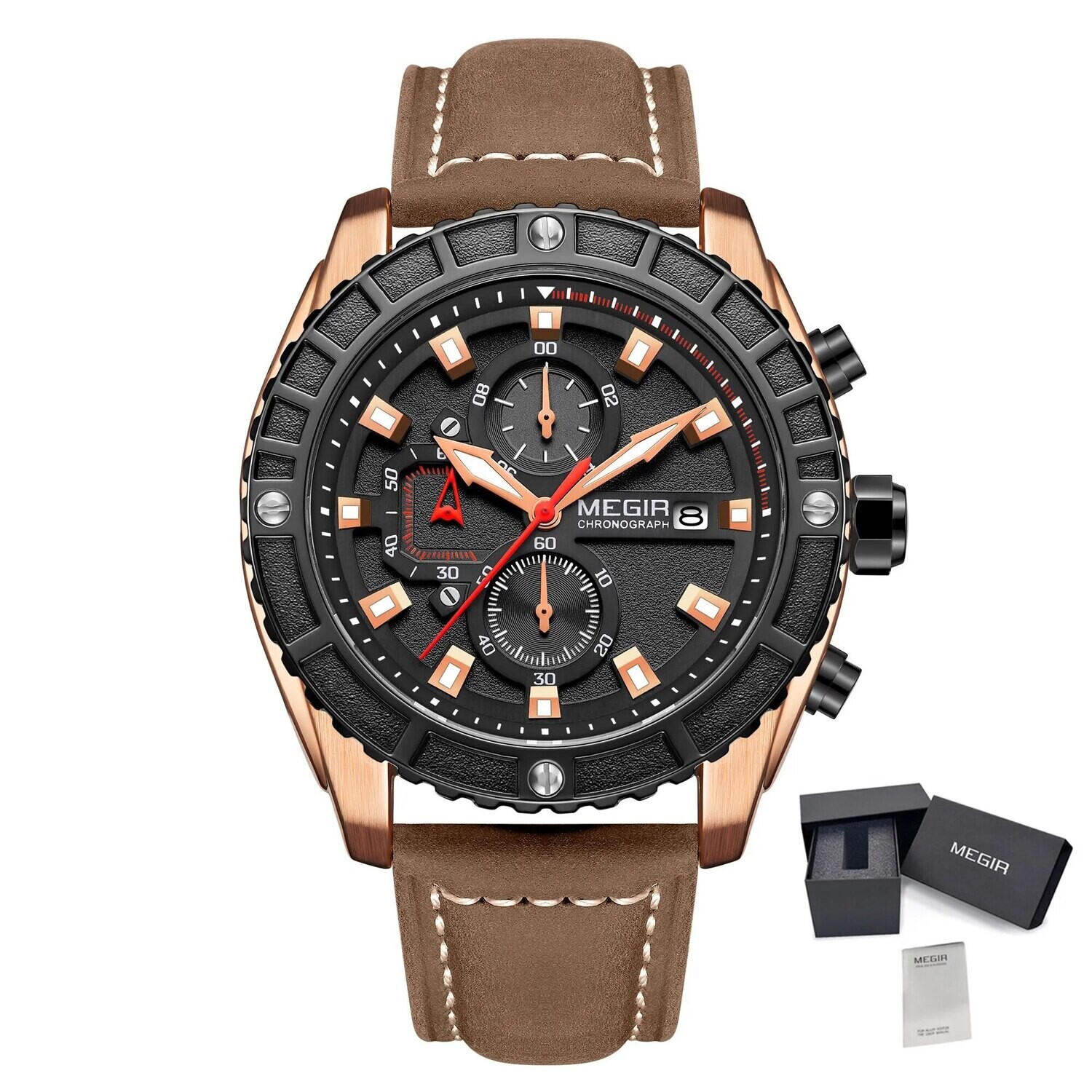 MEGIR Watches Luxury Sport Military Watch for Mens Fashion Casual Quartz Wristwatch Luminous Clock Man Chronograph Reloj Hombre, Color: Rose Brown