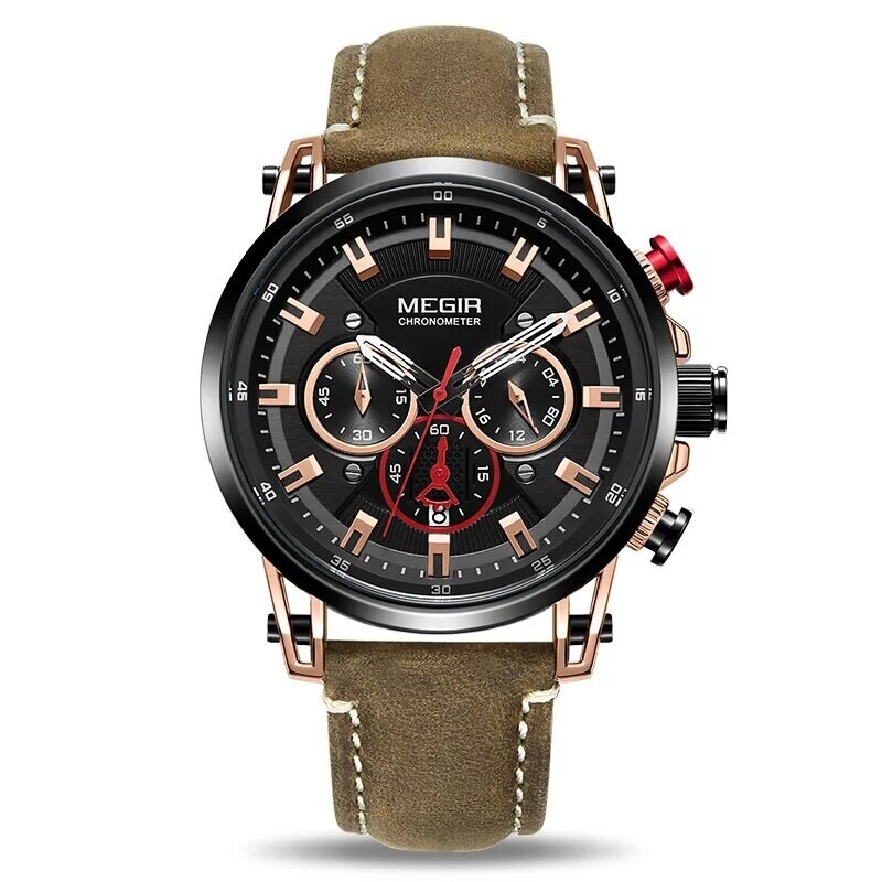MEGIR Men Sports Watches Top Brand Luxury Leather Quartz Watch Men Clock Waterproof Army Military Wristwatches Relogio Masculino, Color: Rose case black face