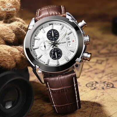 MEGIR Men Watches Original Fashion Leather Quartz Wristwatch Top Brand Military Chronograph Big Dial Sports Clock Reloj Hombre