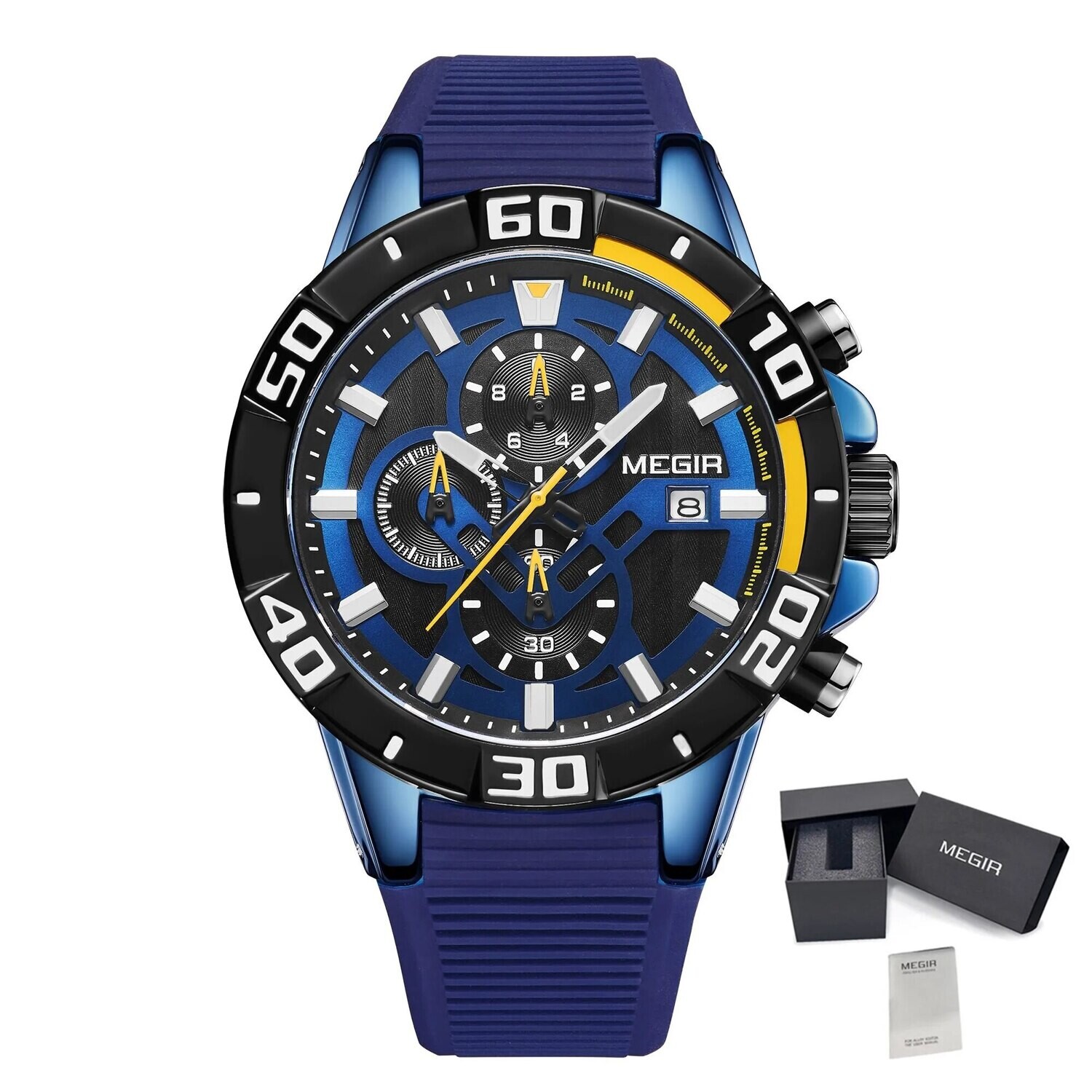 MEGIR Men Wristwatch Top Brand Luxury Silicone Strap Sport Watches Waterproof Luminous Quartz Clock Chronograph Reloj Hombre, Color: Blue
