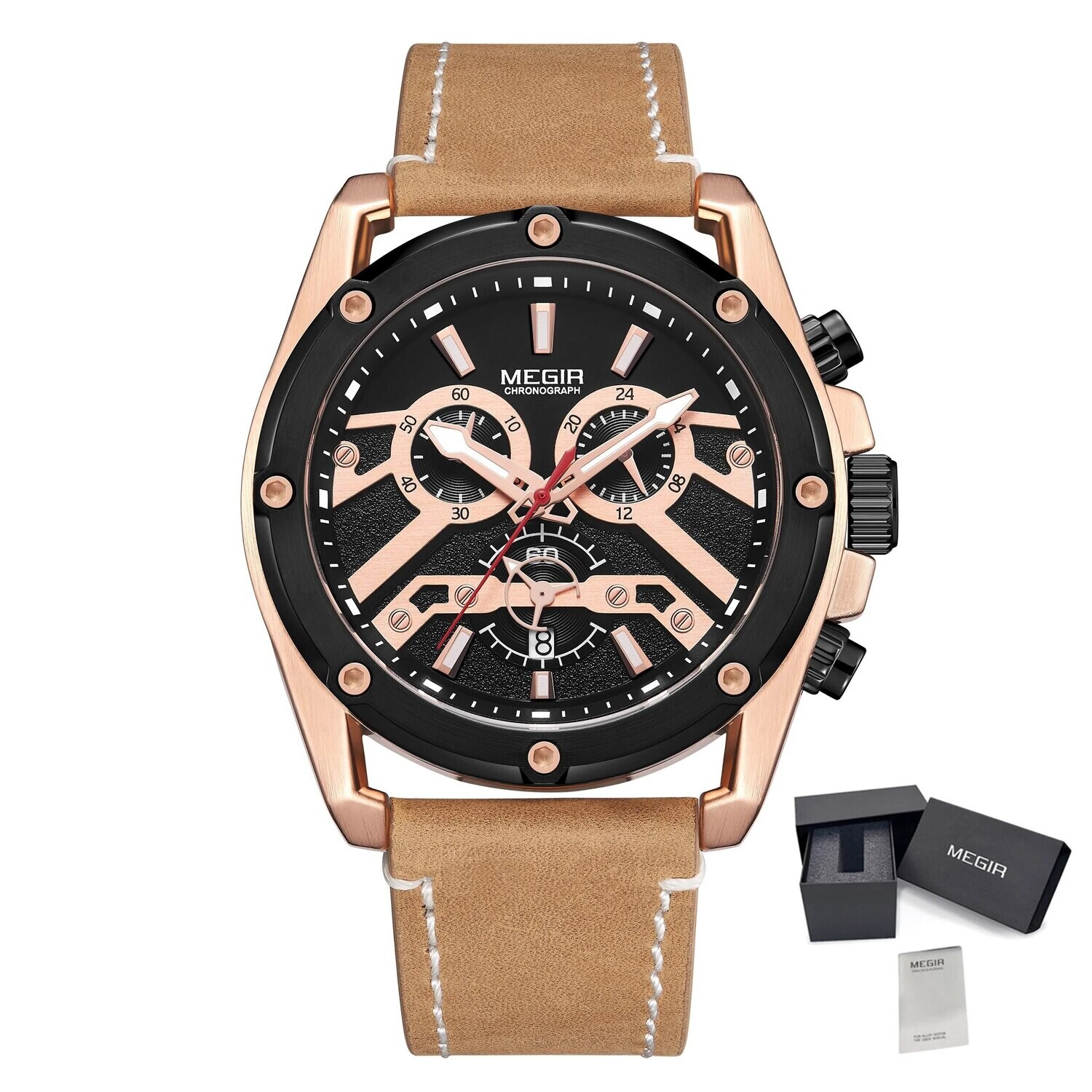 MEGIR Luxury Watch Men Military Sports Watches Leather Quartz Casual Chronograph Man WristWatch? Waterproof Date Clock 2120, Color: Rose Brown