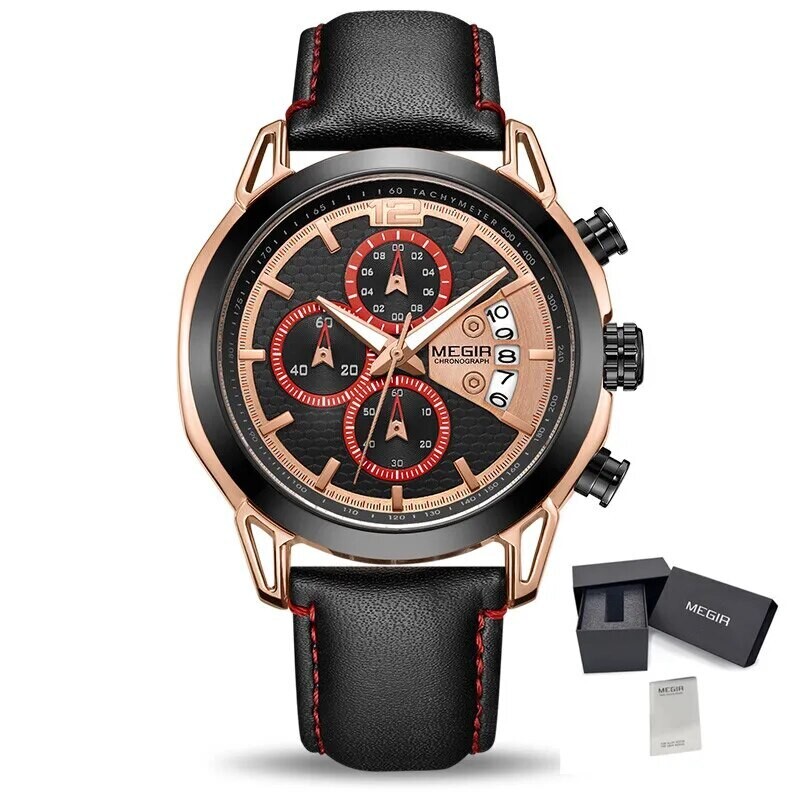 MEGIR Fashion Mens Military Sports Watches Luxury Leather Quartz Business Watch Chronograph Waterproof Luminous Date Wristwatch, Color: Rose Black