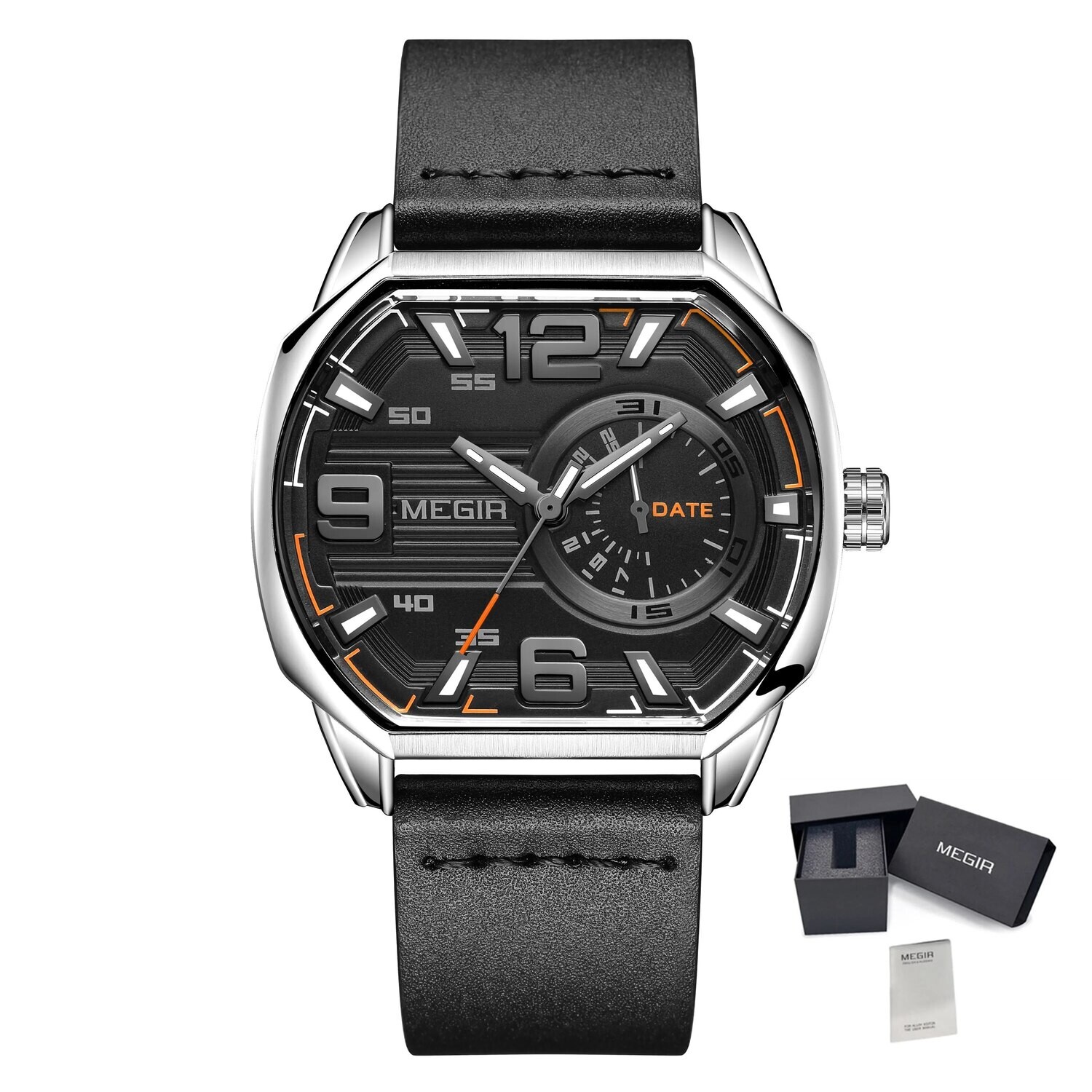 MEGIR Fashion Mens Watches Top Luxury Sport Military Watch Calendar Luminous Quartz Casual Man Wristwatch Clock Montre Homme, Color: Silver Black