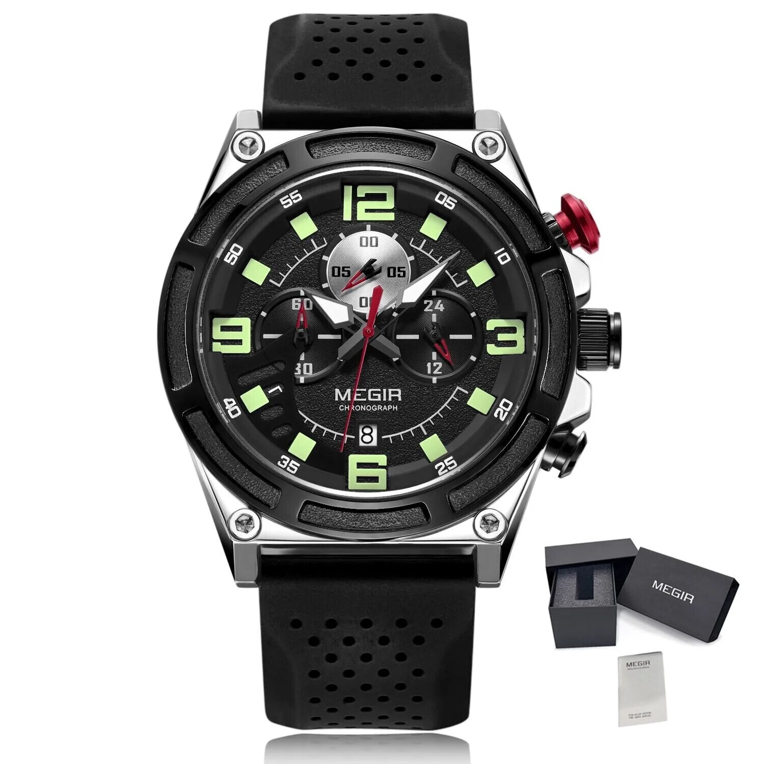 MEGIR Man Chronograph Top Brand Luxury Military Sports Watches for Men Waterproof Date Silicone Wristwatch Clock Reloj Hombre, Color: Silver Black