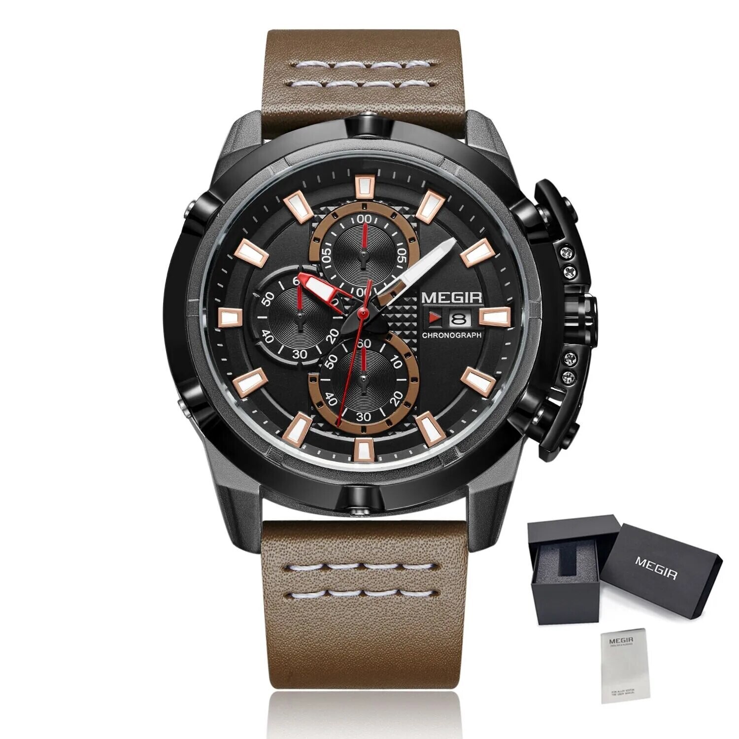 MEGIR Luxury Men&#39;s Watch Top Brand Fashion Sports Military Watches for Men Waterproof Quartz Wristwatch Leather Clock Man 2062, Color: Black Brown