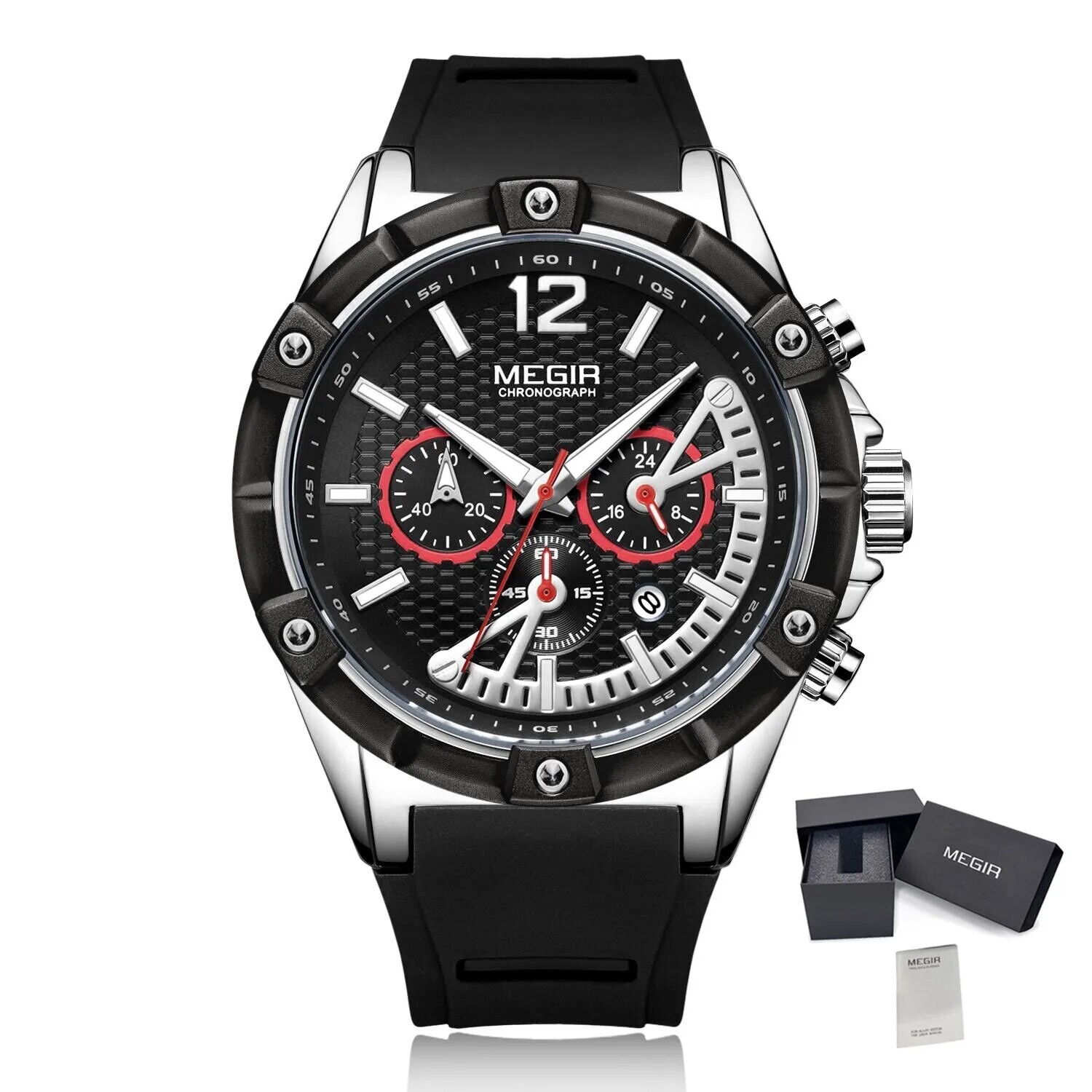 MEGIR Fashion Mens Watches Top Brand Luxury Silicone Sport Military Watch Chronograph Date Waterproof Wristwatch Male Clock 2083, Color: Silver Black
