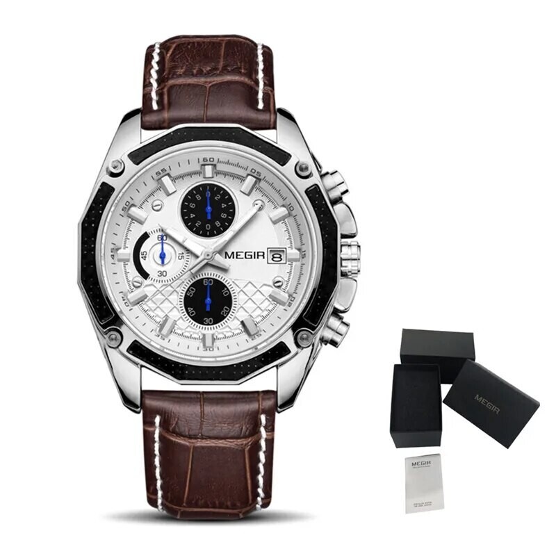MEGIR Fashion Luxury Sport Watches Luxury Brand Waterproof Leather Chronograph Quartz Military Wristwatch Clock for Men 2015, Color: Brown