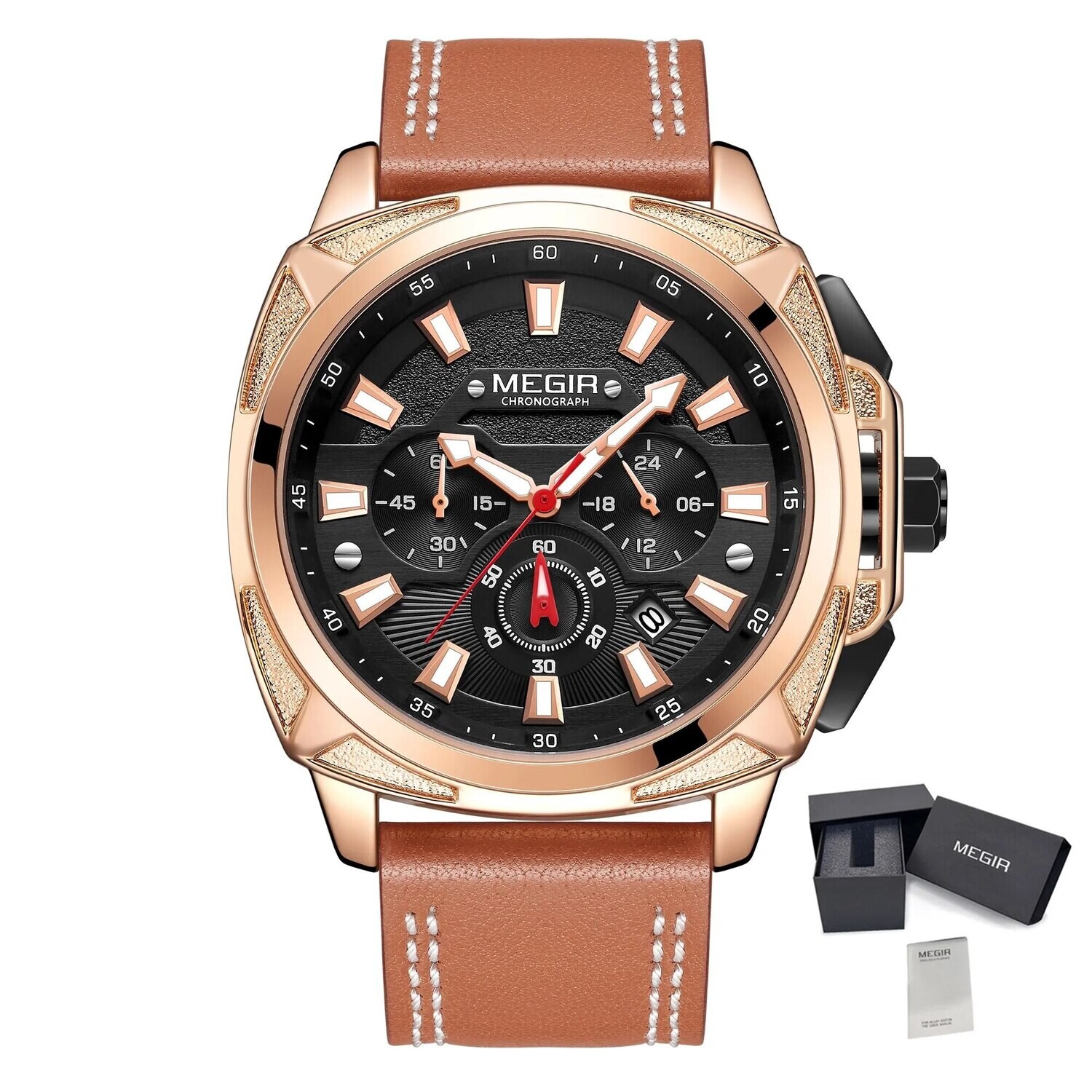 MEGIR Relogio Masculino Watches Men Fashion Leather Band Sports Military Watches Luxury Quartz Business Wristwatch Reloj Hombre, Color: Rose Brown