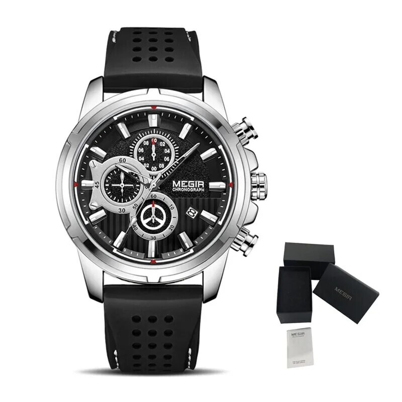 MEGIR Brand Luxury Sport Quartz Watch Silicone Chronograph Men Wristwatches Waterproof Male Calendar Clock Wrist Watch 2101, Color: Silver black