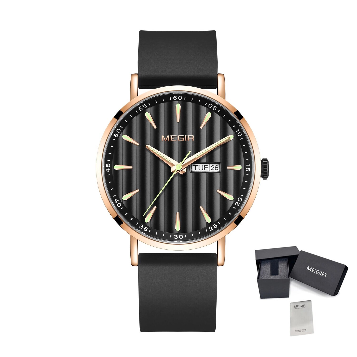MEGIR Luxury Big Dial Mens Watch Fashion Quartz Casual Sport Wristwatch for Men Waterproof Week Date Display Clock Reloj Hombre, Color: Rose Black