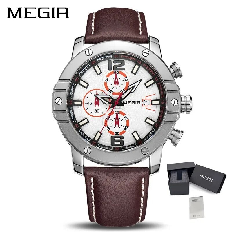 MEGIR Fashion Men&#39;s Quartz Watch Top Brand Luxury Business Casual Wristwatch Leather Strap Military Sports Watch Male Clock 2046, Color: Silver Brown