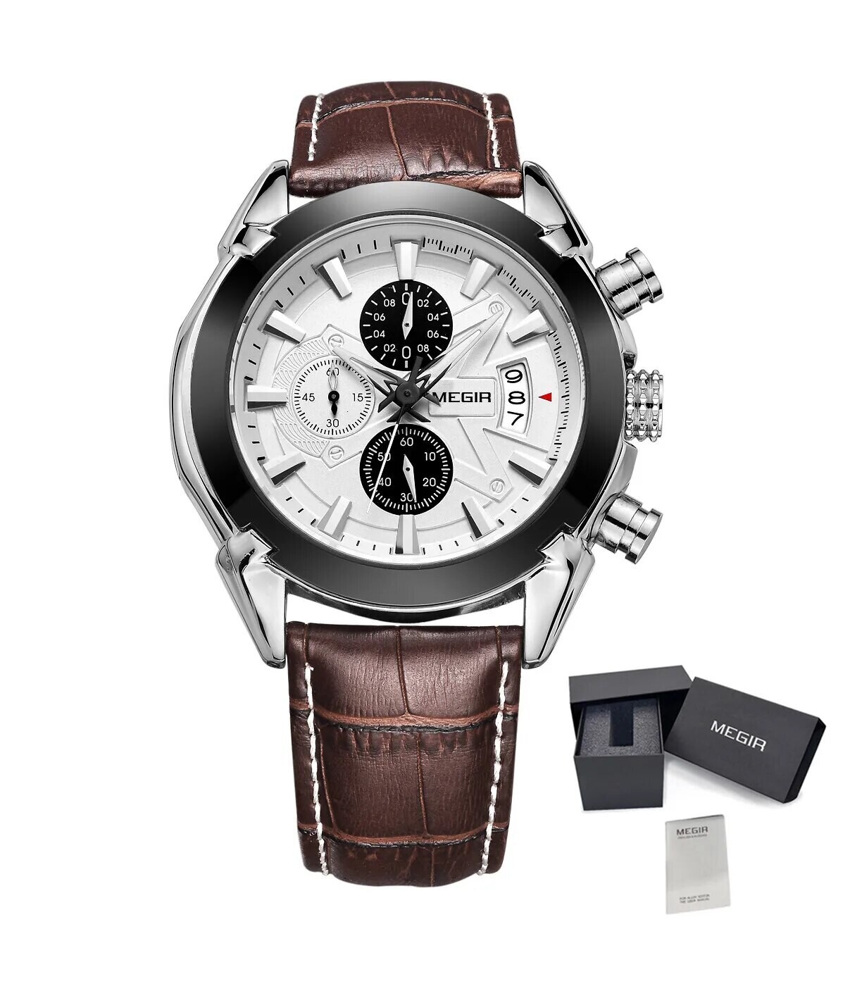 MEGIR Men Watches Original Fashion Leather Quartz Wristwatch Top Brand Military Chronograph Big Dial Sports Clock Reloj Hombre, Color: Brown, Ships From: CHINA