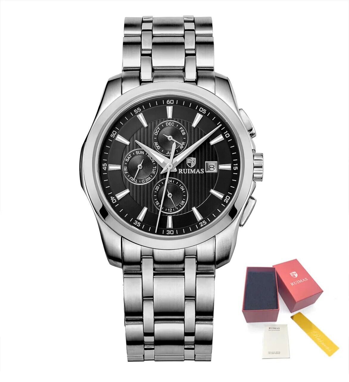 RUIMAS Stainless Steel Band Business Casual Watch for Men Waterproof Luxury Automatic Mechanical Wrist Watches Relogio Masculino, Color: Silver