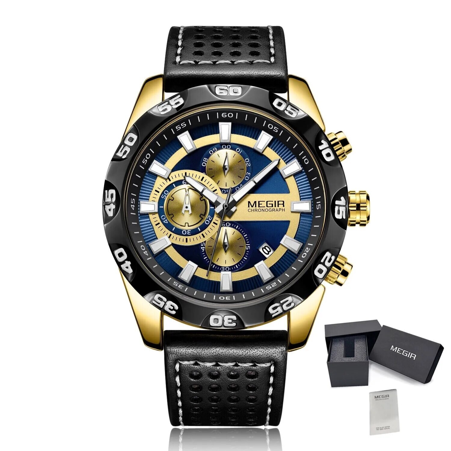 MEGIR Watches Mens Luxury Sports Military Watch Waterproof Luminous Quartz Wrist Watch Leather Casual Man Chronograph Clock, Color: Gold Black