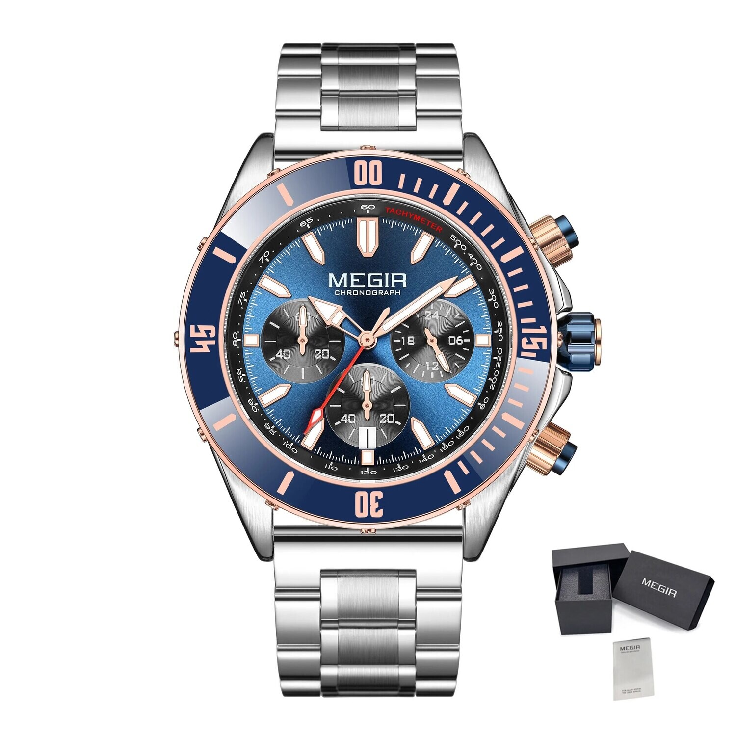 MEGIR Watch with Chronograph Men Fashion Quartz Military Waterproof Calendar Business Casual Wrist Watches Clock Montre Homme, Color: Silver 1(steel band)